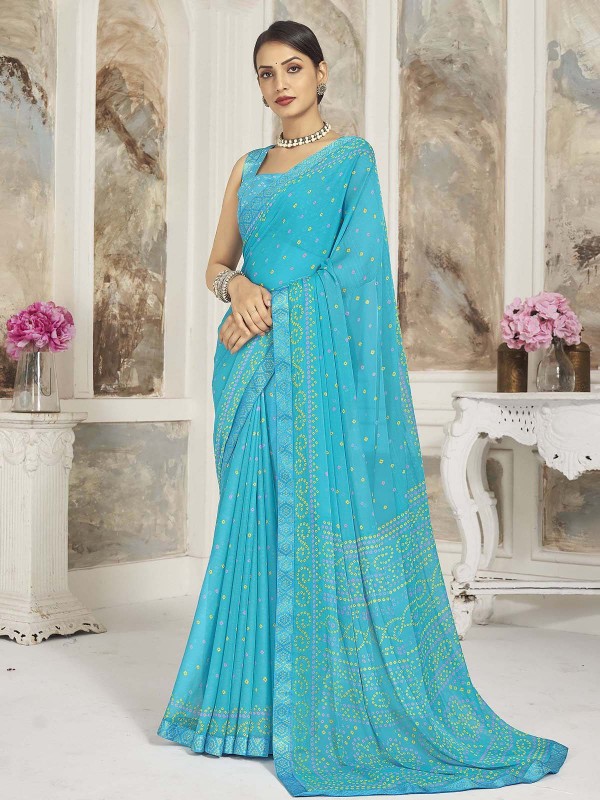 Sky Blue Chiffon Printed Saree